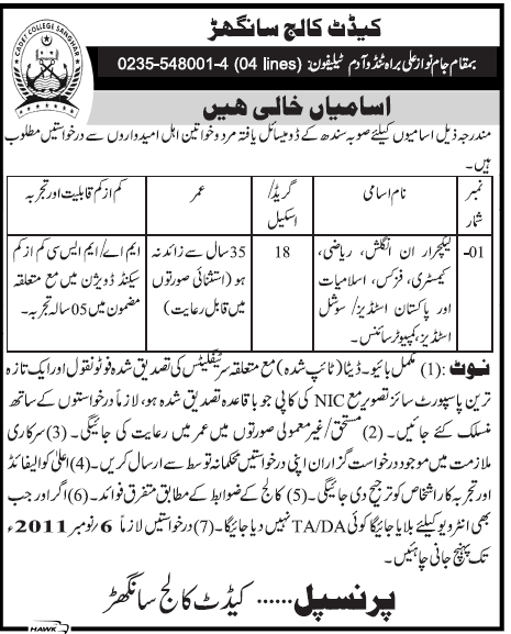 Cadet College Saghar Required Lecturers