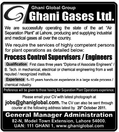 Ghani Gases Ltd. Required Supervisors/Engineers