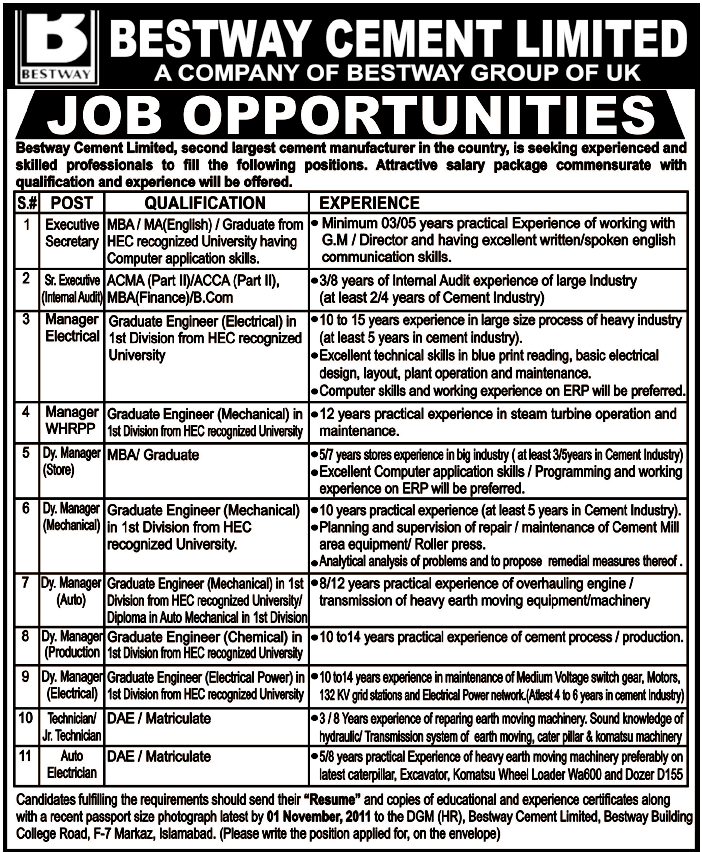 Bestway Cement Limited Job Opportunities