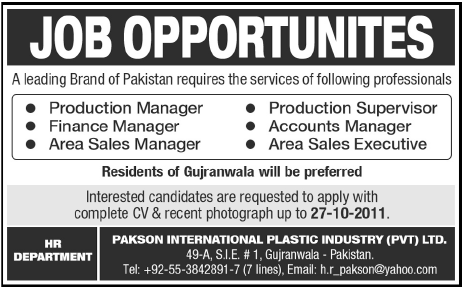 Managers Required by PAKSON International Plastic Industry Pvt Ltd