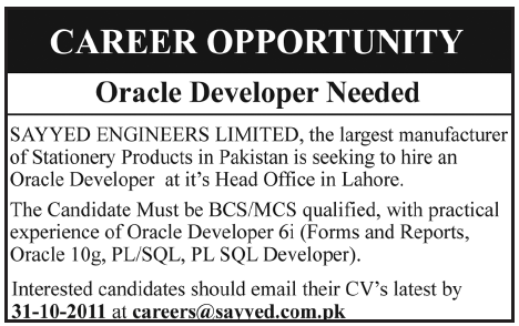 Oracle Developer Required by Sayyed Engineers Limited