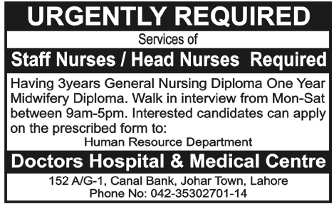 Doctors Hospital & Medical Centre Required Staff Nurses/Head Nurses