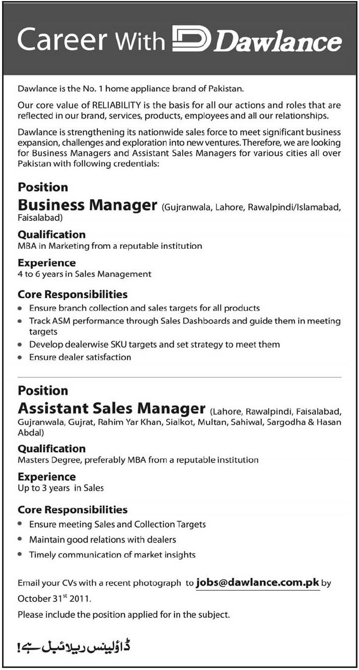 Dawlance Required Business Manager & Assistant Sales Manager