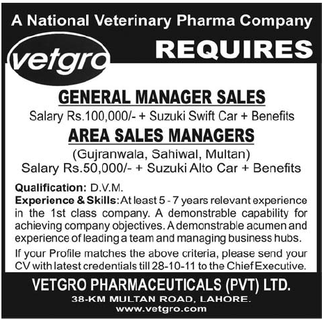 Vetgro Require the Services of General Manager Sales and Area Sales Managers