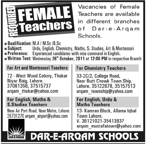 Female Teachers Required by DAR-E-ARQAM Schools