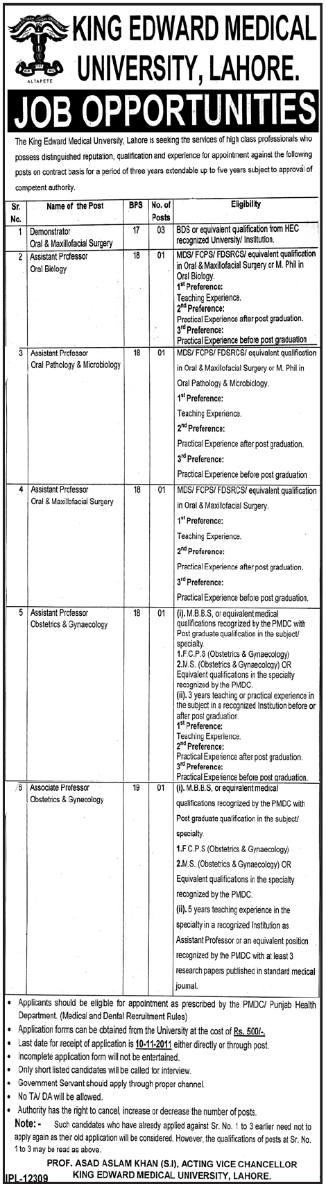 King Edward Medical University Lahore Job Opportunities