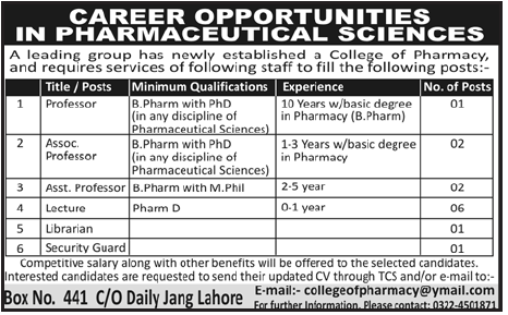 Faculty Required for Pharmaceutical Sciences Institute