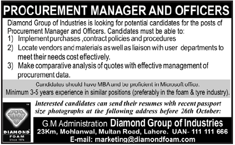 Procurement Manager and Officer Required by Diamond Foam