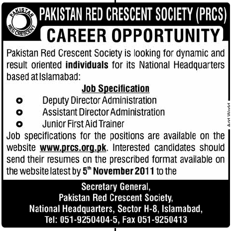 Pakistan Red Crescent Society Career Opportunity