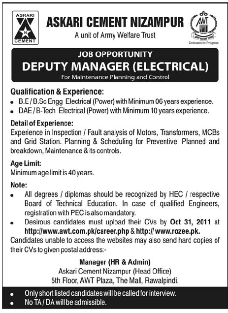 Askari Cement Nizampur Required the Services of Deputy Manager (Electrical)