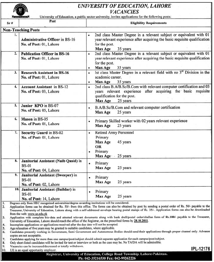 University of Education, Lahore Job Opportunites