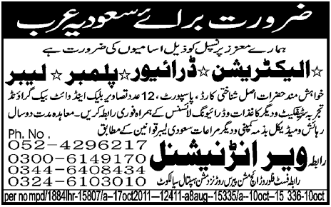 Staff Required For Saudi Arabia