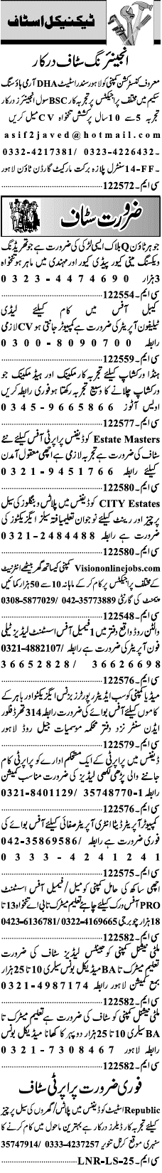 Misc. Jobs in Lahore Jang Classified 1