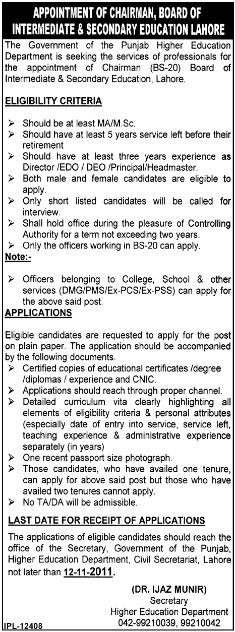 Chairman Required by Board of Intermediate & Secondary Education Lahore