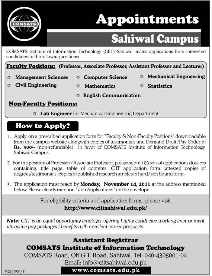 COMSATS Required Faculty & Non-Faculty Positions For Sahiwal Campus