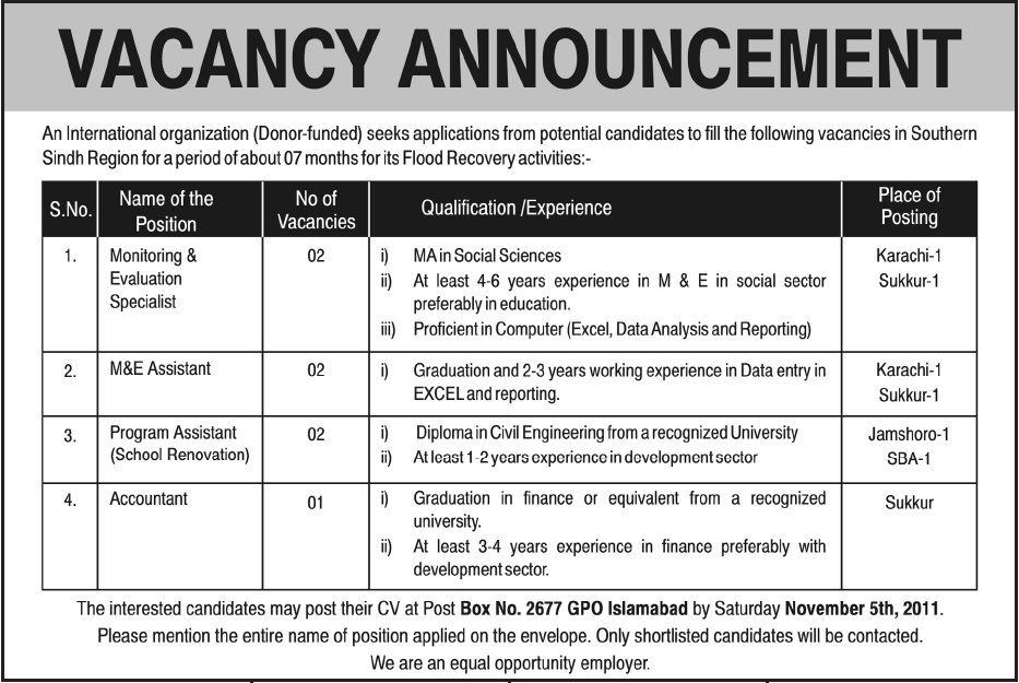 International Organization (Donor-Funded), Job Opportunities