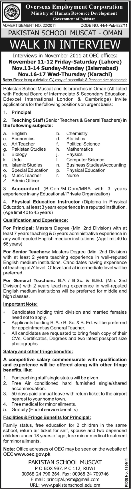 Pakistan School Muscat Oman Required Staff