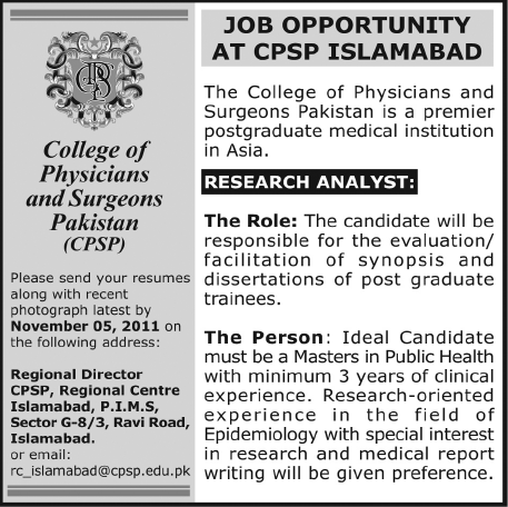 College of Physicians & Surgeons Pakistan Required Research Analyst