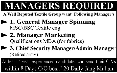 Manager Required by a Textile Group