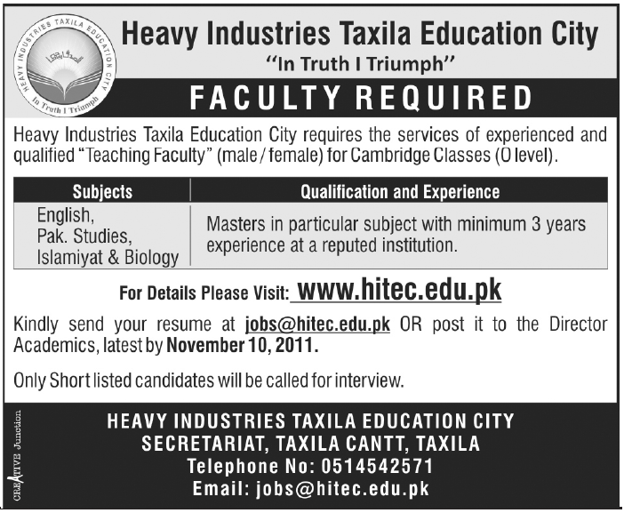 Teaching Faculty Required by Heavy Industries Taxila Education City