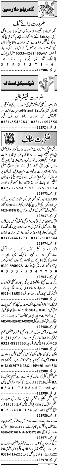 Misc. Jobs in Lahore Jang Classified