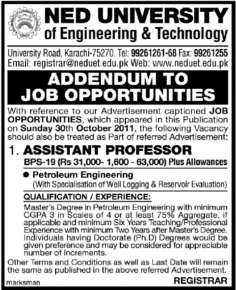 NED University of Engineering & Technology Job Opportunities