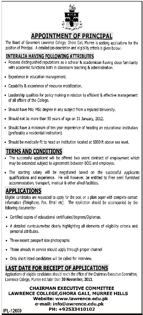 Principal Required by Board of Governors Lawrence College, Ghora Gali, Murree