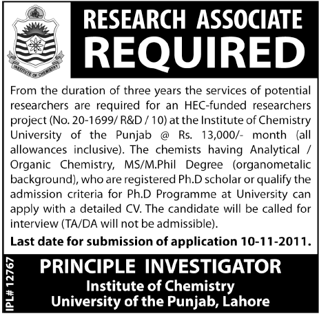 Research Associate Required by Institute of Chemistry University of the Punjab Lahore
