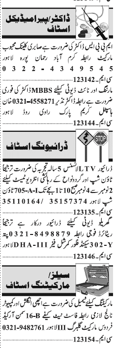 Misc. Jobs in Lahore Jang Classified 1