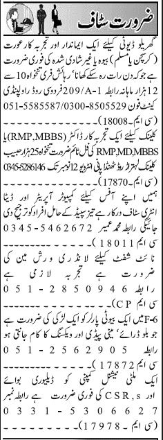 Misc. Jobs in Rawalpindi Jang Classified