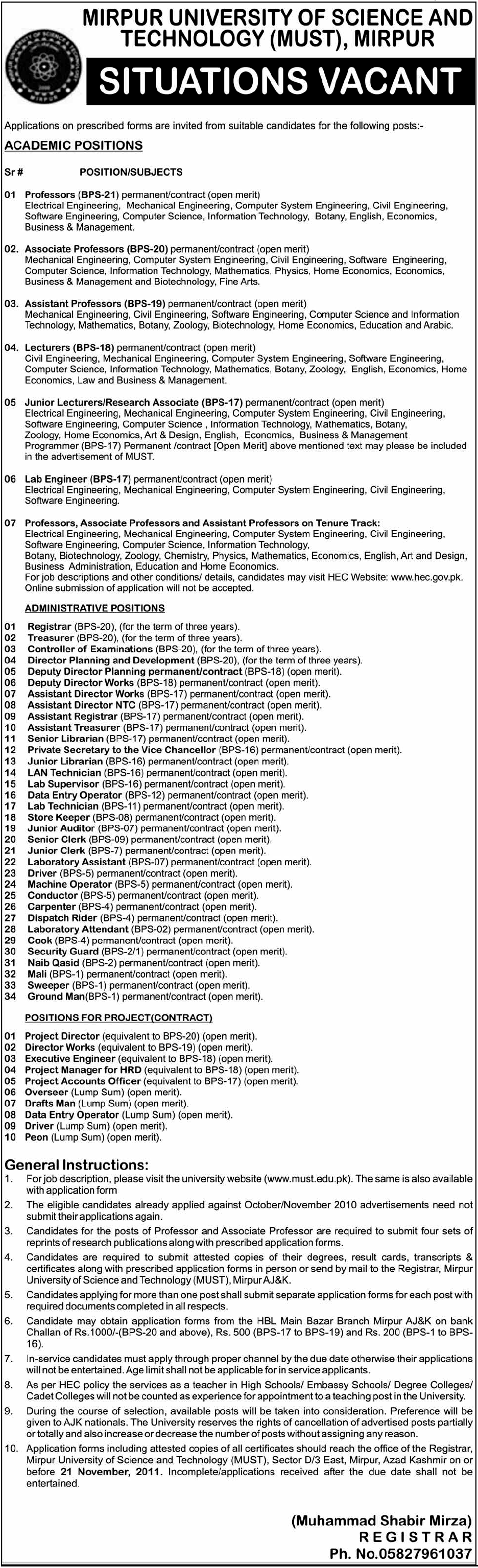 Mirpur University of Science and Technology (MUST), Mirpur Situation Vacant