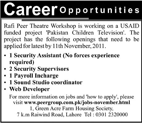 Rafi Peer Theatre Workshop Required Staff