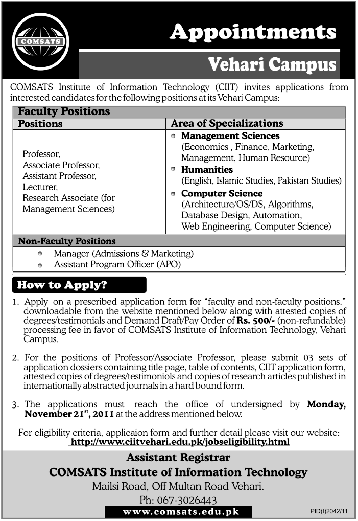 COMSATS Required Faculty & Non-Faculty Positions For Vehari Campus