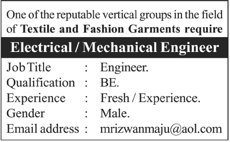 Engineer Required by a Vertical Groups (Textile and Fashion Garment Field)
