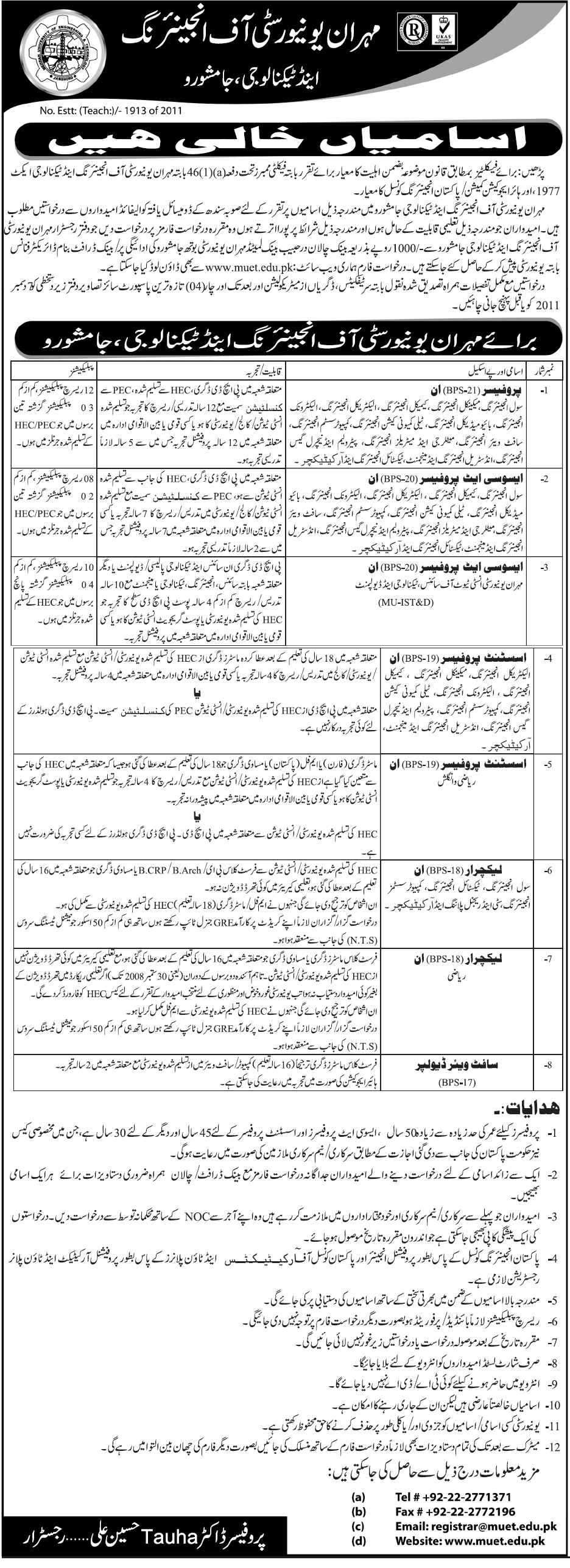 Mehran University of Engineering and Technology Jamshoro. Job Opportunities