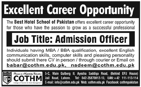 Admission Officer Required by COTHM Lahore