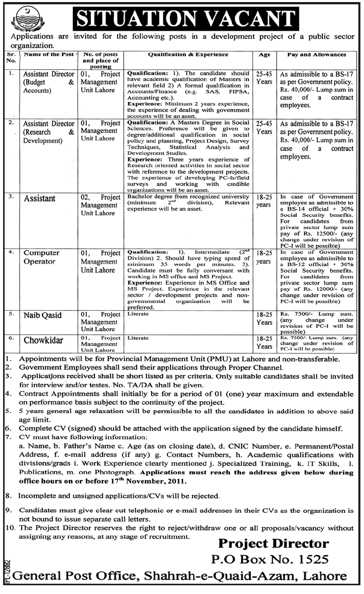 Professionals Required by Government of the Punjab for its Project