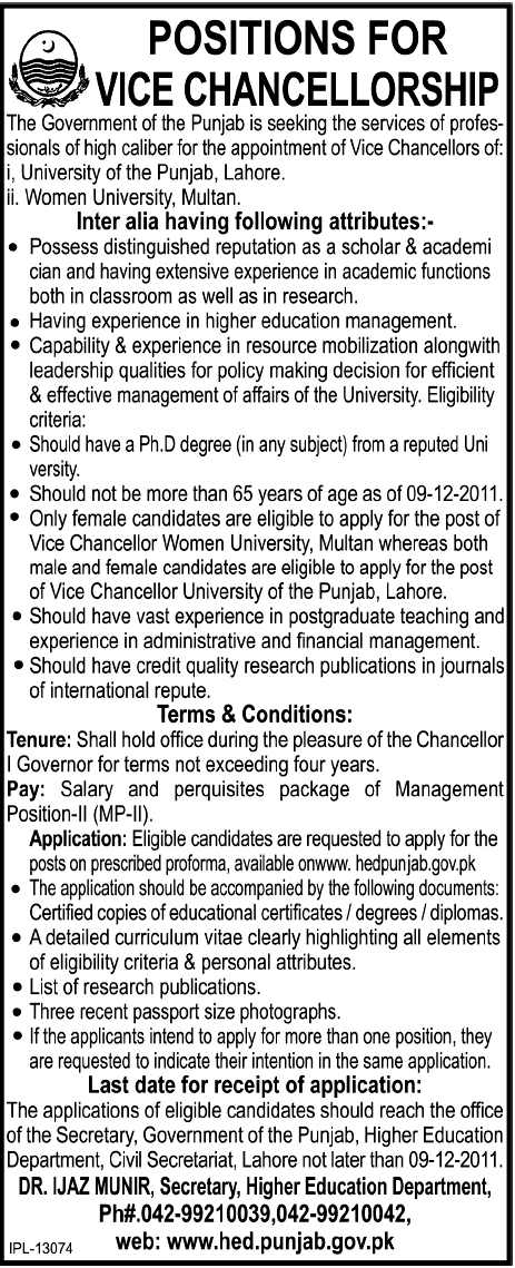 Vice Chancellorship Required For University of the Punjab, Lahore and Women University, Multan