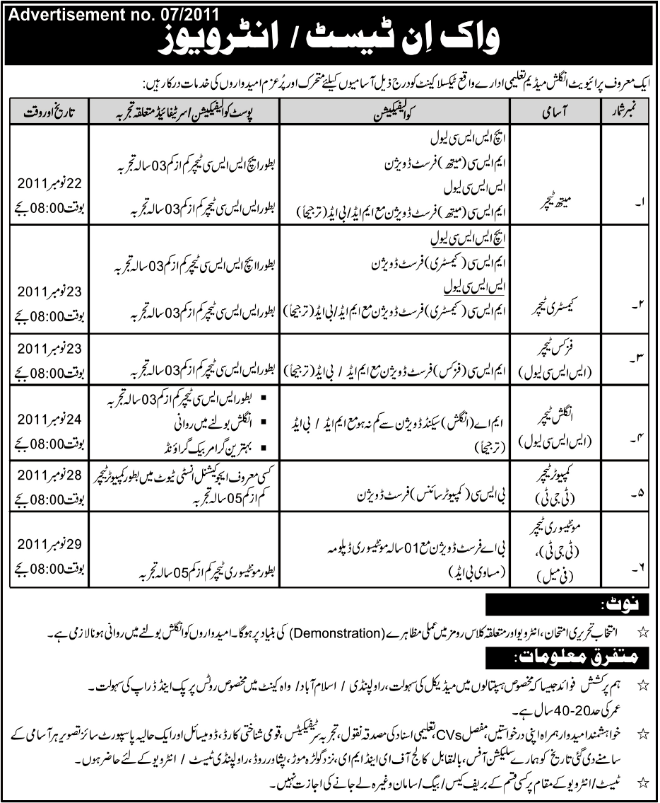 Teachers Required by an English Medium Educational Organization, Wah Cantt