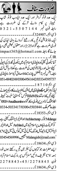 Misc. Jobs in Rawalpindi Jang Classified