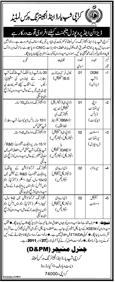 Karachi Shipyard and Engineering Works Limited Job Opportunities