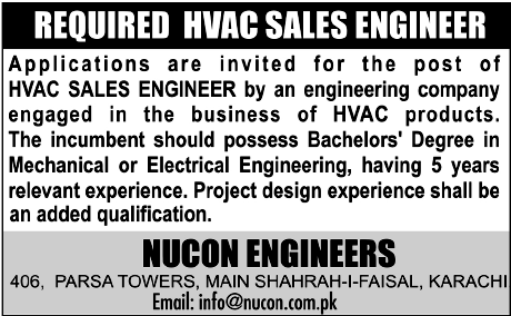 HVAC Sales Engineer Required by NUCON Engineers