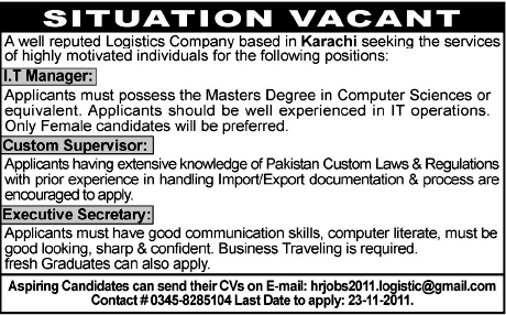 Logistic Company Required Staff in Karachi