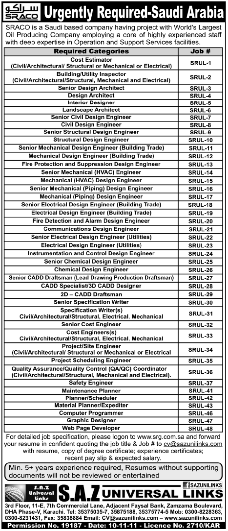 SRACO Required Staff for Saudi Arabia