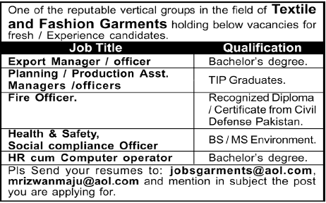 Textile and Fashion Garments Company Required Staff