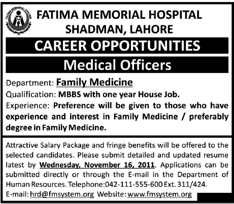 Fatima Memorial Hospital Shadman, Lahore Required Medical Officers
