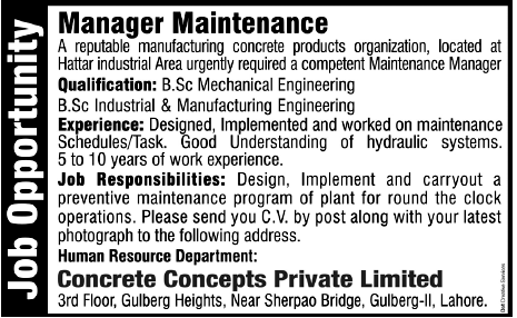 Manager Maintenance Required by Concrete Concepts Private Limited