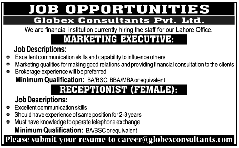 Globex Consultants Pvt. Ltd. Required Marketing Executive and Receptionist
