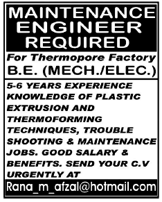 Maintenance Engineer Required for Thermopore Factory