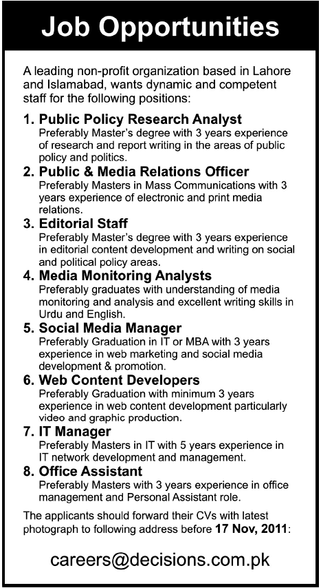 Non-Profit Organization Based in Lahore and Islamabad Required Staff